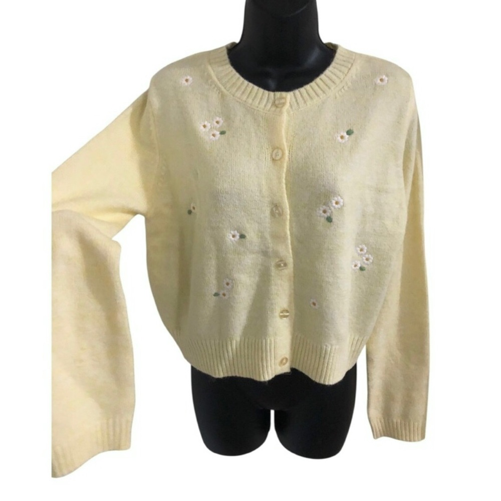 Jessica‎ Simpson white daisy printed yellow cardigan sweater size Medium new